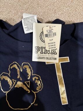 PINK Victoria's Secret Navy Tee with Metallic Gold Paw Graphic